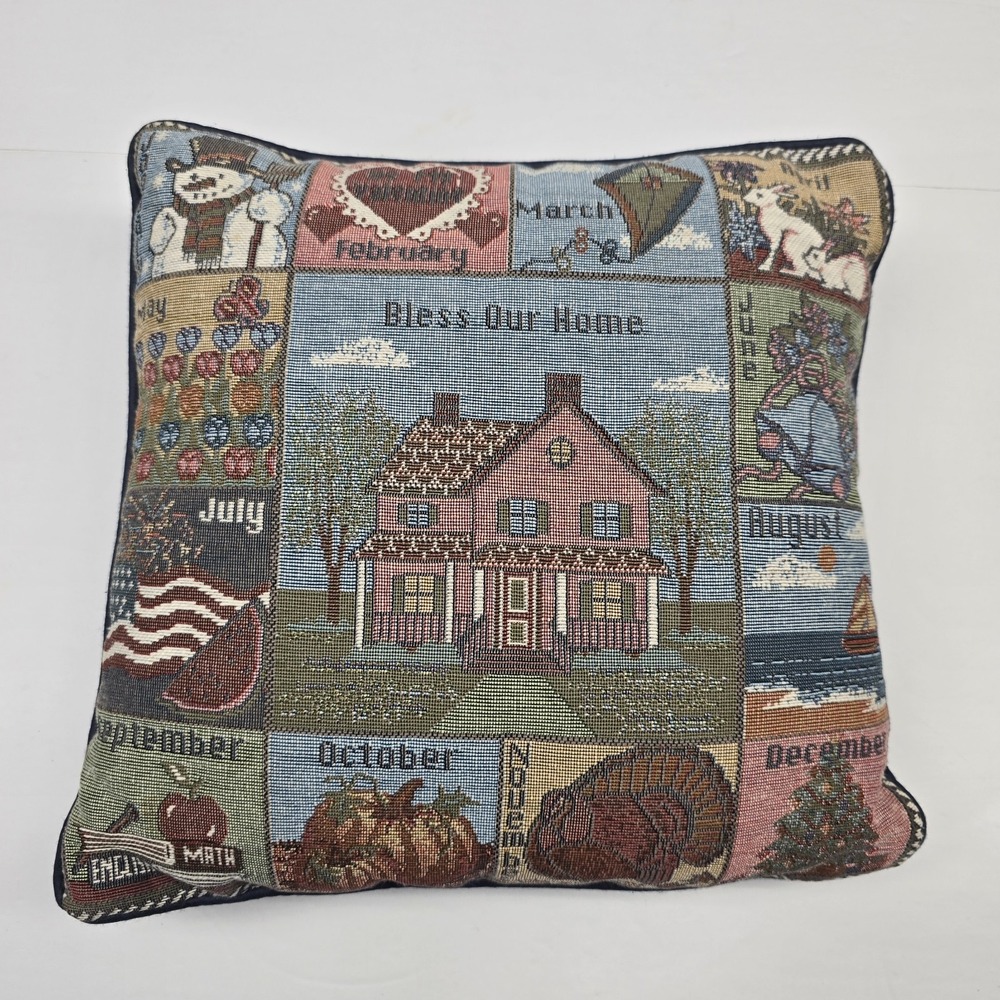 Vintage 90s Tapestry Bless Our Home Twelve Month Calendar Throw Pillow Navy Back